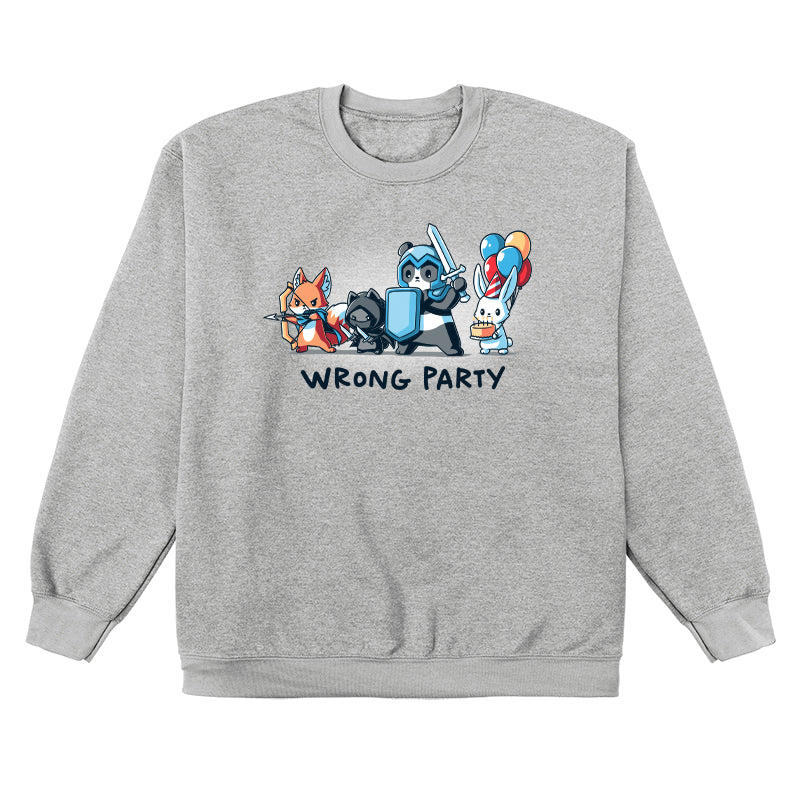 Crew Neck Sweatshirt_A group of cartoon animals dressed as an archer fox, ninja cat, knight panda, and a rabbit holding balloons and cake. Text below reads "WRONG PARTY." This whimsical scene is printed on a monsterdigital Wrong Party apparel made from super soft ringspun cotton. Unisex apparelavailable.