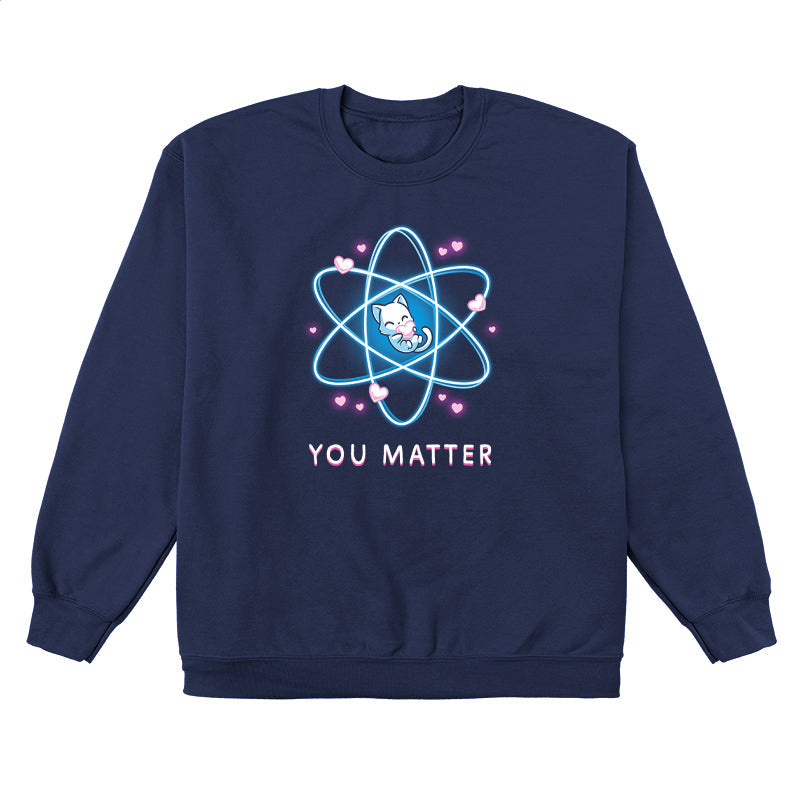 Crew Neck Sweatshirt_TeeTurtle You Matter navy blue design featuring a cat hugging a heart, surrounded by an atomic structure.