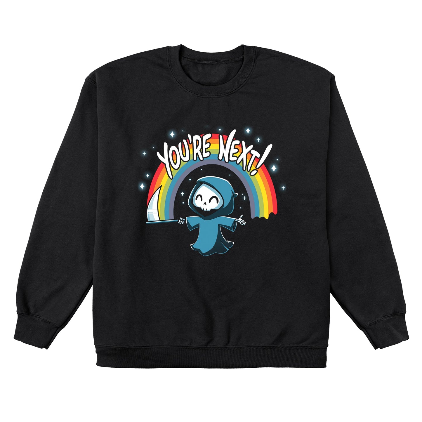 Crew Neck Sweatshirt_TeeTurtle You're Next! black t-shirt featuring a cheerful Grim Reaper with a scythe under a rainbow and the text "You're Next!" 