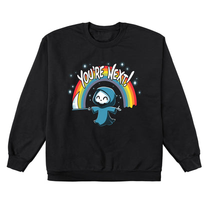 Crew Neck Sweatshirt_TeeTurtle You're Next! black t-shirt featuring a cheerful Grim Reaper with a scythe under a rainbow and the text "You're Next!" 