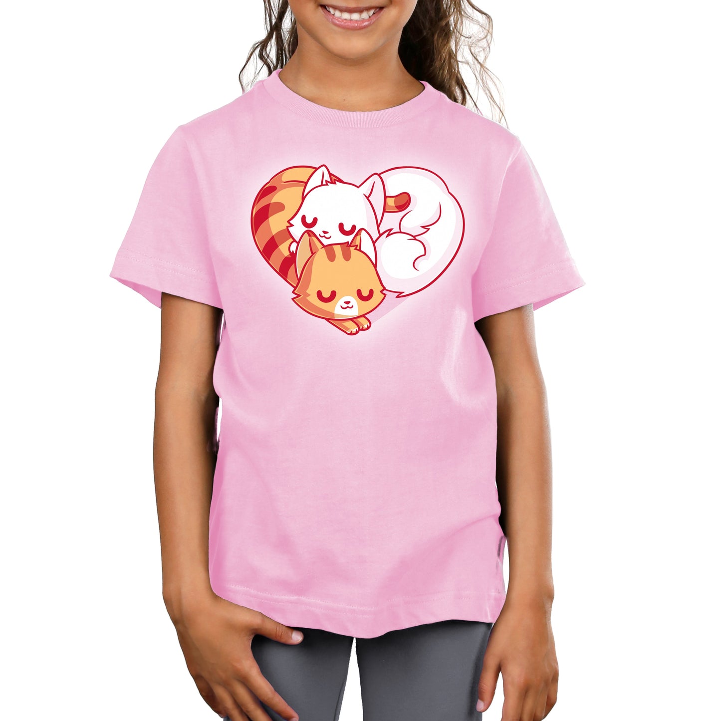 Premium Cotton T-shirt_TeeTurtle Cuddling Kitties pink t-shirt featuring two cats snuggling together, forming a heart shape with their bodies and tails.