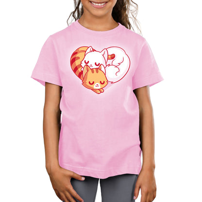 Premium Cotton T-shirt_TeeTurtle Cuddling Kitties pink t-shirt featuring two cats snuggling together, forming a heart shape with their bodies and tails.