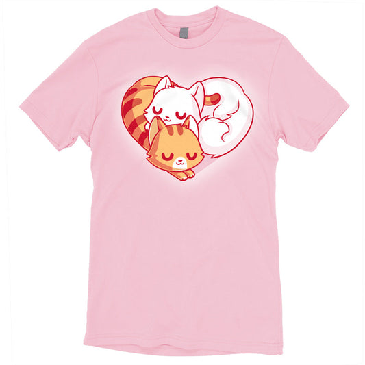 Premium Cotton T-shirt_TeeTurtle Cuddling Kitties pink t-shirt featuring two cats snuggling together, forming a heart shape with their bodies and tails.