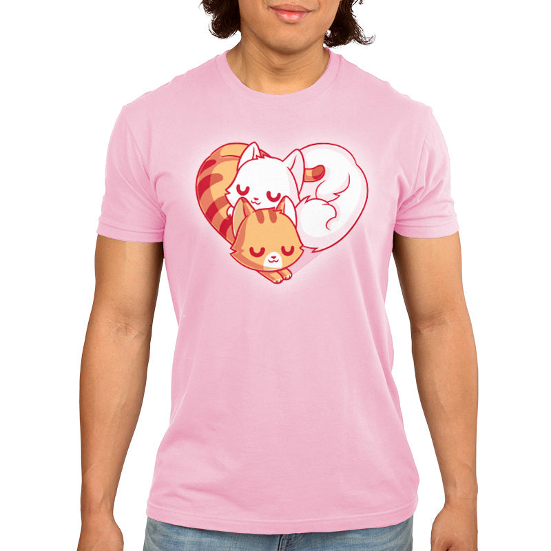 Premium Cotton T-shirt_TeeTurtle Cuddling Kitties pink t-shirt featuring two cats snuggling together, forming a heart shape with their bodies and tails.