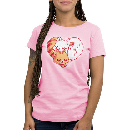 Premium Cotton T-shirt_TeeTurtle Cuddling Kitties pink t-shirt featuring two cats snuggling together, forming a heart shape with their bodies and tails.