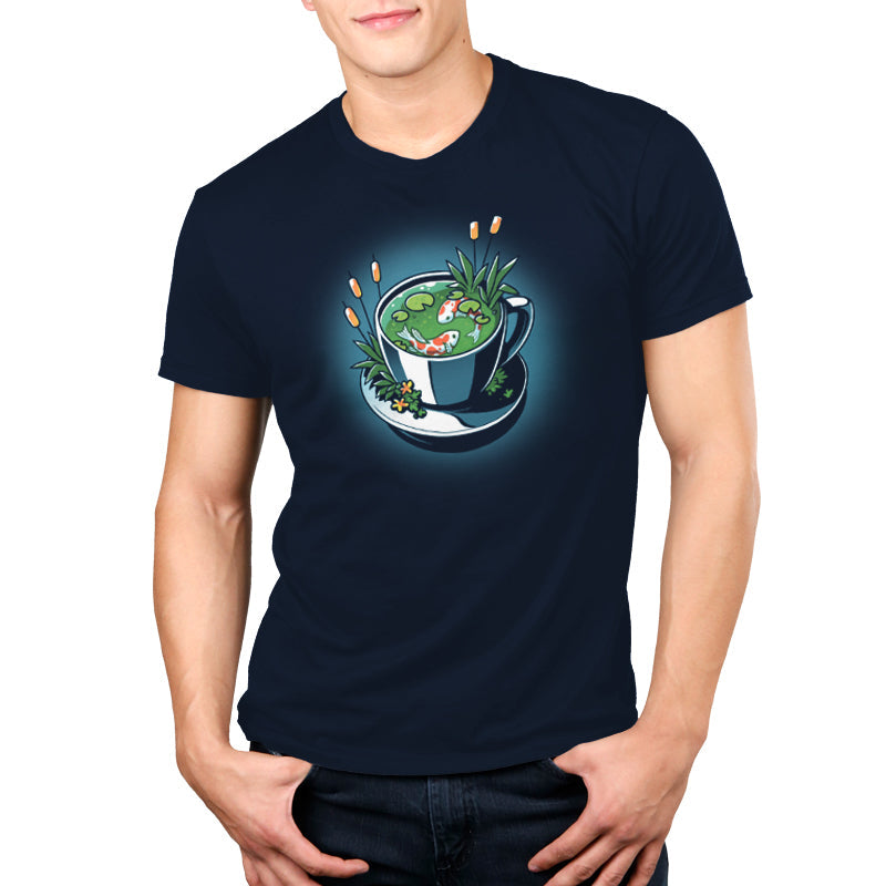 Premium Cotton T-shirt_TeeTurtle Cup of Koi navy blue t-shirt featuring artistic teacup with two koi fish inside.