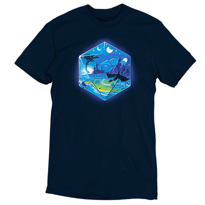 Premium Cotton T-shirt_Illustration of a fantasy world within a hexagonal frame, featuring flying dragons, a castle, mountains, a river, and both the sun and moon in the sky. Perfect for your monsterdigital D20 Landscape apparel collection in super soft ringspun cotton.