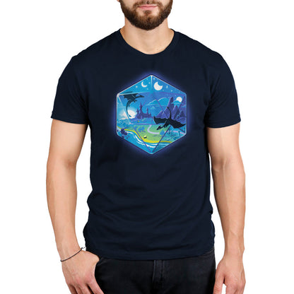 Premium Cotton T-shirt_Illustration of a fantasy world within a hexagonal frame, featuring flying dragons, a castle, mountains, a river, and both the sun and moon in the sky. Perfect for your monsterdigital D20 Landscape apparel collection in super soft ringspun cotton.