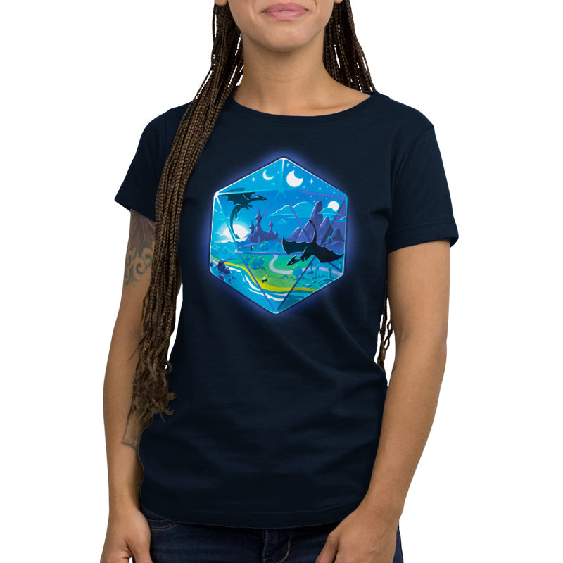 Premium Cotton T-shirt_Illustration of a fantasy world within a hexagonal frame, featuring flying dragons, a castle, mountains, a river, and both the sun and moon in the sky. Perfect for your monsterdigital D20 Landscape apparel collection in super soft ringspun cotton.