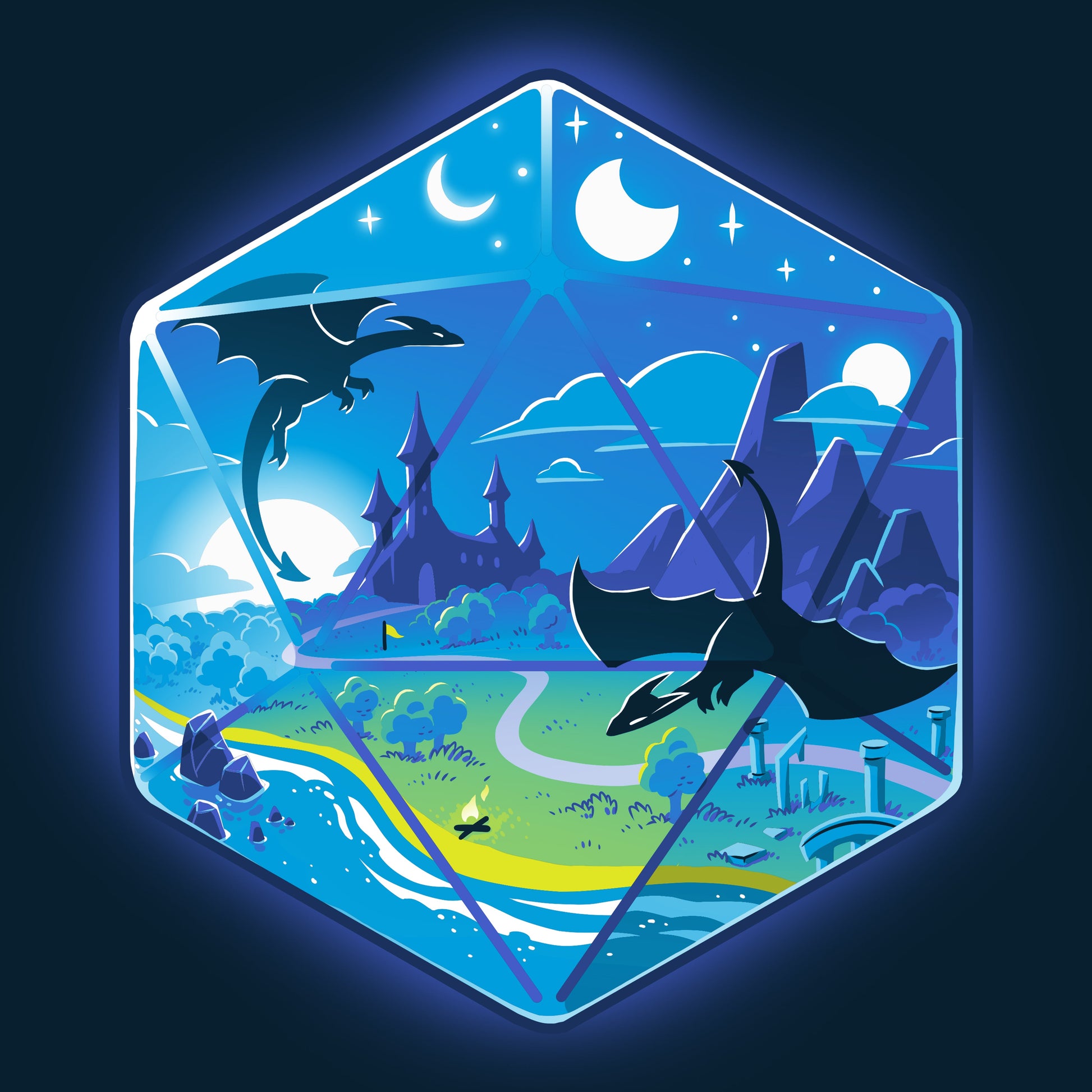 Premium Cotton T-shirt_Illustration of a fantasy world within a hexagonal frame, featuring flying dragons, a castle, mountains, a river, and both the sun and moon in the sky. Perfect for your monsterdigital D20 Landscape apparel collection in super soft ringspun cotton.