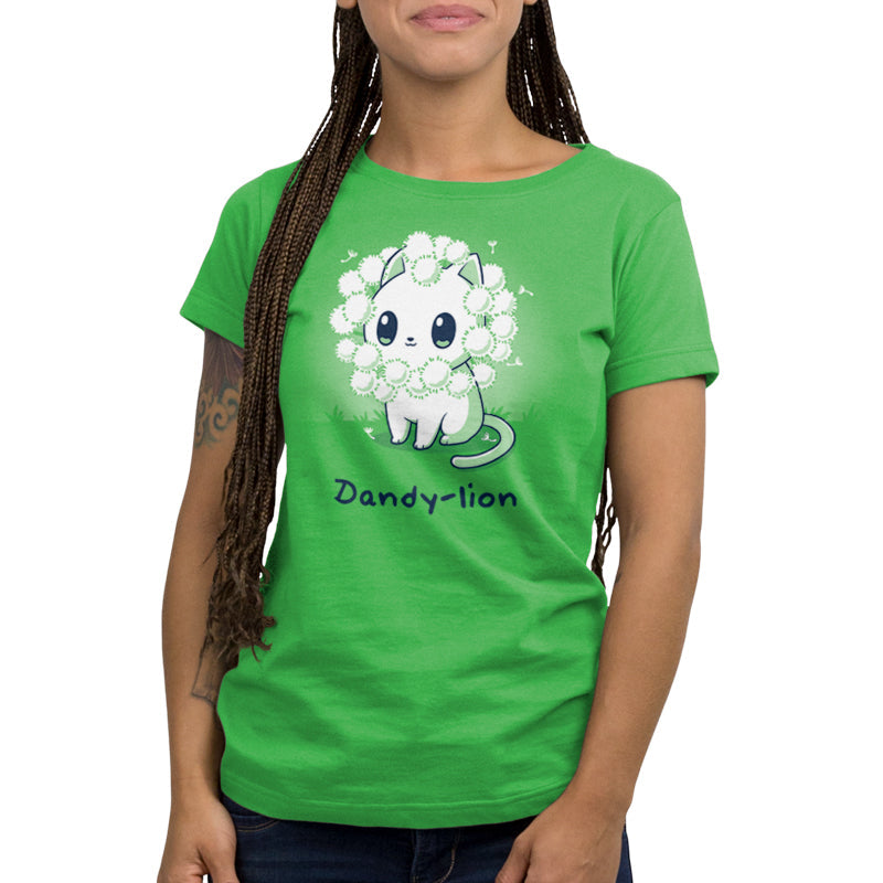 Premium Cotton T-shirt_TeeTurtle Dandy-lion apple t-shirt featuring a white cat with a dandelion fluff mane and a pun underneath it.