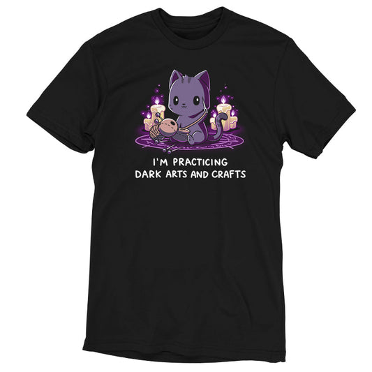 Premium Cotton T-shirt_TeeTurtle Dark Arts and Crafts black t-shirt featuring a cat crafting a voodoo doll