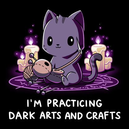 Premium Cotton T-shirt_TeeTurtle Dark Arts and Crafts black t-shirt featuring a cat crafting a voodoo doll