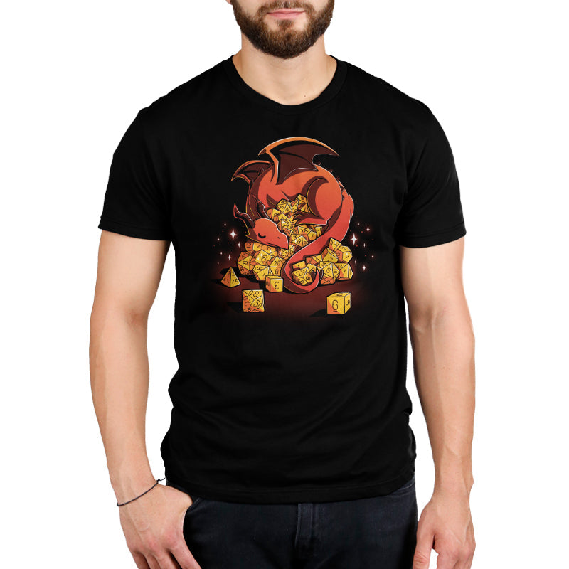 Premium Cotton T-shirt_A red dragon is curled around an overflowing pile of yellow polyhedral dice, with sparkles around. Show off your inner Dice Hoarder with this black monsterdigital Dice Hoarder apparel crafted from super soft ringspun cotton. The dice include various types ranging from d4 to d20.