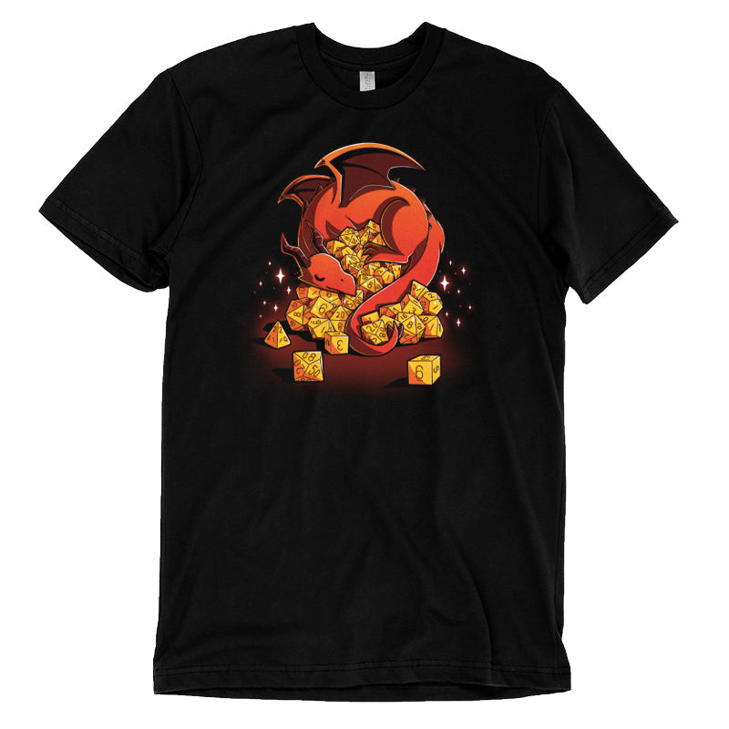 Premium Cotton T-shirt_A red dragon is curled around an overflowing pile of yellow polyhedral dice, with sparkles around. Show off your inner Dice Hoarder with this black monsterdigital Dice Hoarder apparel crafted from super soft ringspun cotton. The dice include various types ranging from d4 to d20.