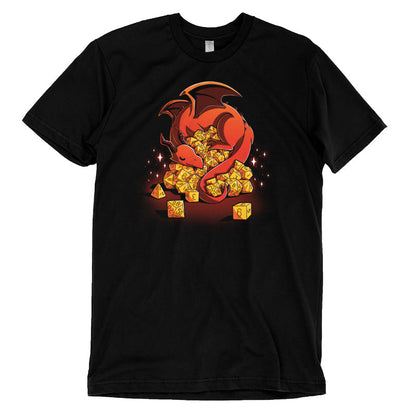 Premium Cotton T-shirt_A red dragon is curled around an overflowing pile of yellow polyhedral dice, with sparkles around. Show off your inner Dice Hoarder with this black monsterdigital Dice Hoarder apparel crafted from super soft ringspun cotton. The dice include various types ranging from d4 to d20.