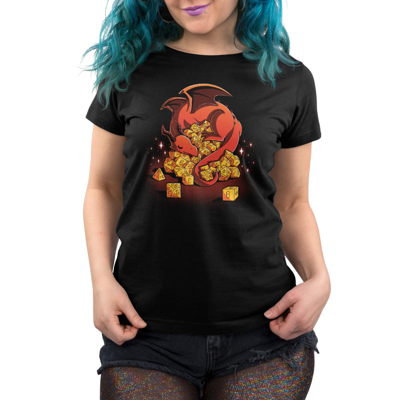 Premium Cotton T-shirt_A red dragon is curled around an overflowing pile of yellow polyhedral dice, with sparkles around. Show off your inner Dice Hoarder with this black monsterdigital Dice Hoarder apparel crafted from super soft ringspun cotton. The dice include various types ranging from d4 to d20.