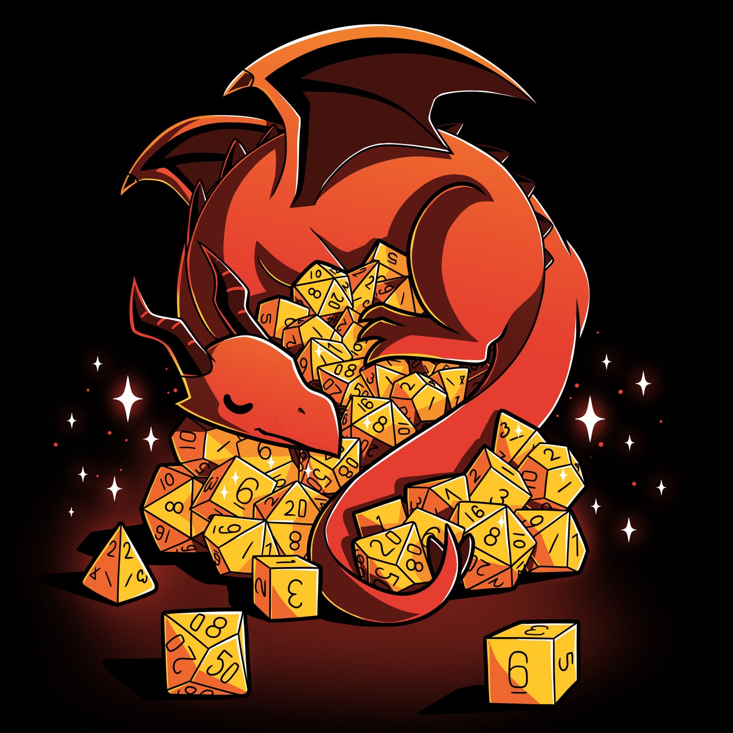 Premium Cotton T-shirt_A red dragon is curled around an overflowing pile of yellow polyhedral dice, with sparkles around. Show off your inner Dice Hoarder with this black monsterdigital Dice Hoarder apparel crafted from super soft ringspun cotton. The dice include various types ranging from d4 to d20.