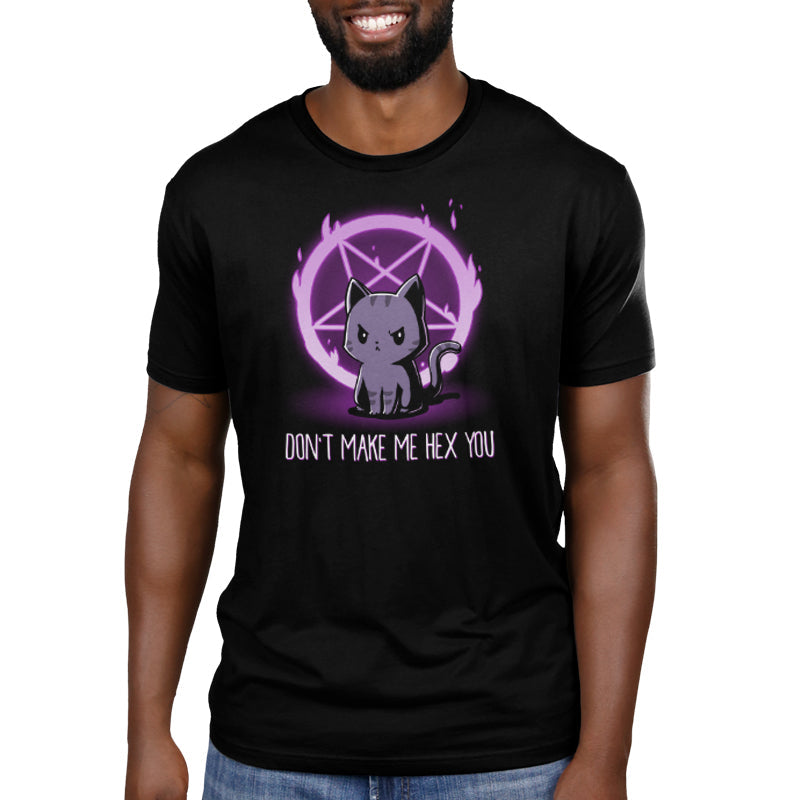 Premium Cotton T-shirt_TeeTurtle Don't Make Me Hex You black t-shirt featuring a cat in front of a purple flaming pentagram.