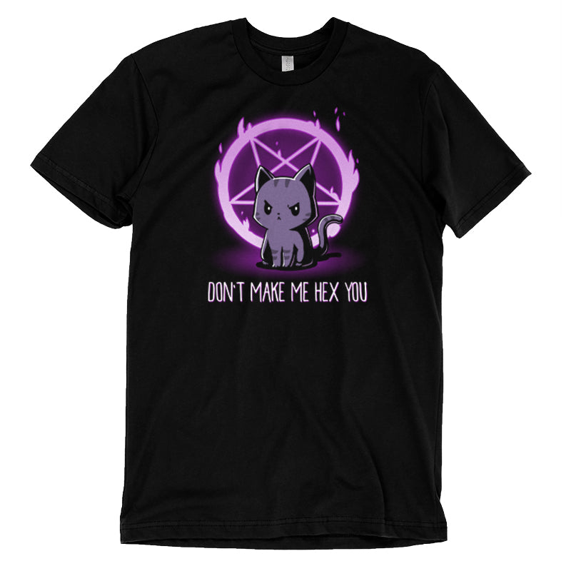 Premium Cotton T-shirt_TeeTurtle Don't Make Me Hex You black t-shirt featuring a cat in front of a purple flaming pentagram.