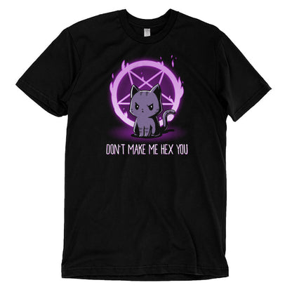 Premium Cotton T-shirt_TeeTurtle Don't Make Me Hex You black t-shirt featuring a cat in front of a purple flaming pentagram.