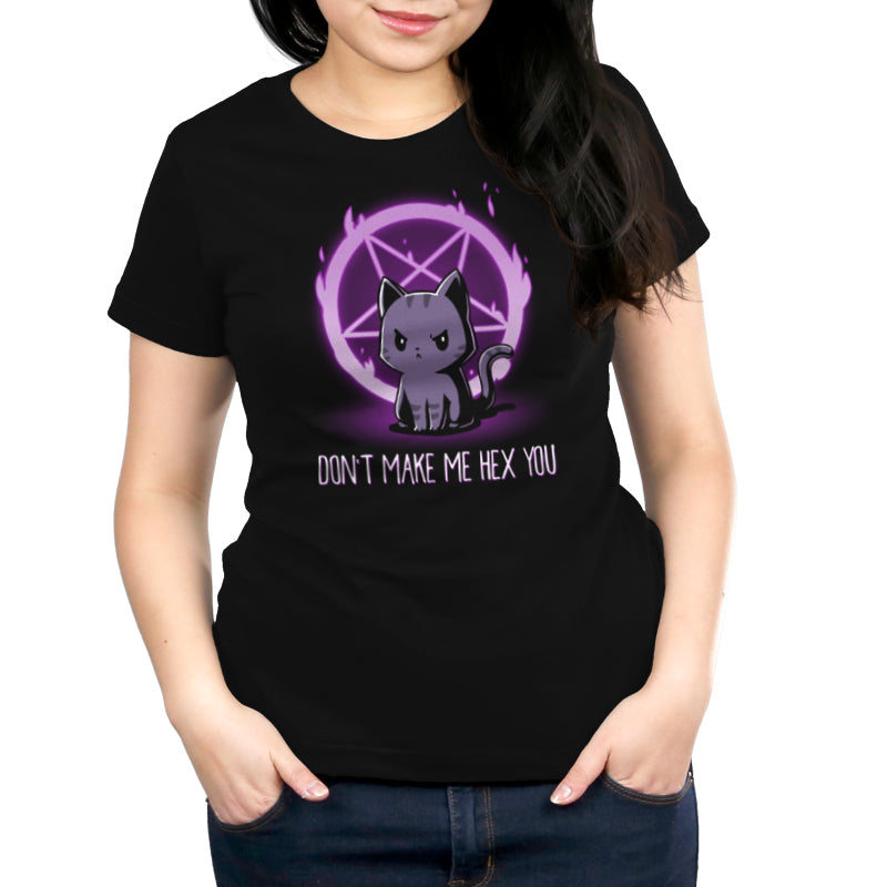 Premium Cotton T-shirt_TeeTurtle Don't Make Me Hex You black t-shirt featuring a cat in front of a purple flaming pentagram.