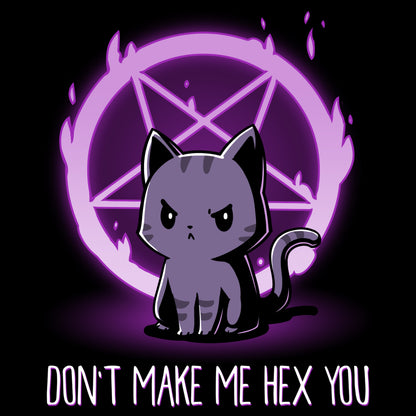 Premium Cotton T-shirt_TeeTurtle Don't Make Me Hex You black t-shirt featuring a cat in front of a purple flaming pentagram.