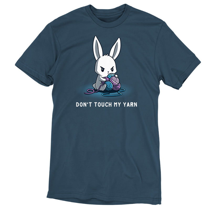 Premium Cotton T-shirt_Teeturtle Don't Touch My Yarn denim t-shirt featuring a white bunny with an angry expression, holding a blue and purple ball of yarn. The text below reads "Don't Touch My Yarn."