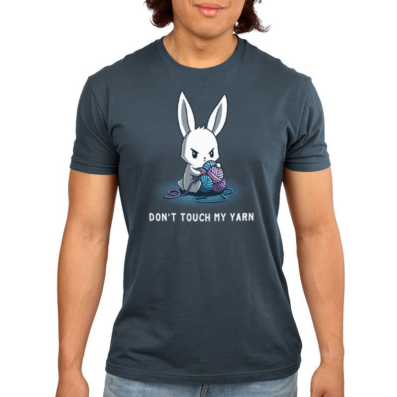 Premium Cotton T-shirt_Teeturtle Don't Touch My Yarn denim t-shirt featuring a white bunny with an angry expression, holding a blue and purple ball of yarn. The text below reads "Don't Touch My Yarn."