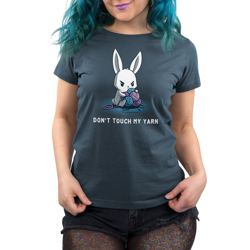 Premium Cotton T-shirt_Teeturtle Don't Touch My Yarn denim t-shirt featuring a white bunny with an angry expression, holding a blue and purple ball of yarn. The text below reads "Don't Touch My Yarn."