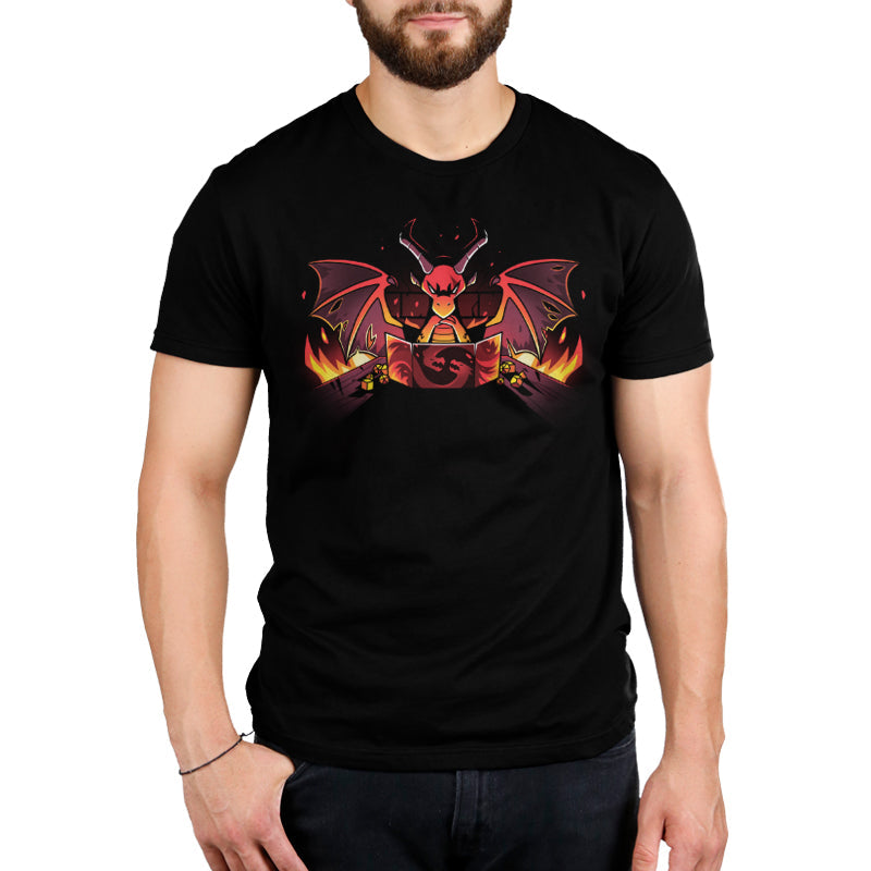 Premium Cotton T-shirt_TeeTurtle black Dragon Master. Featuring a sinister-looking dragon dungeon master with flames in the background.