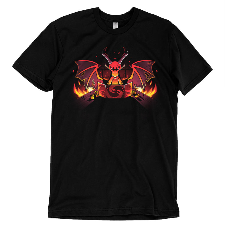 Premium Cotton T-shirt_TeeTurtle black Dragon Master. Featuring a sinister-looking dragon dungeon master with flames in the background.