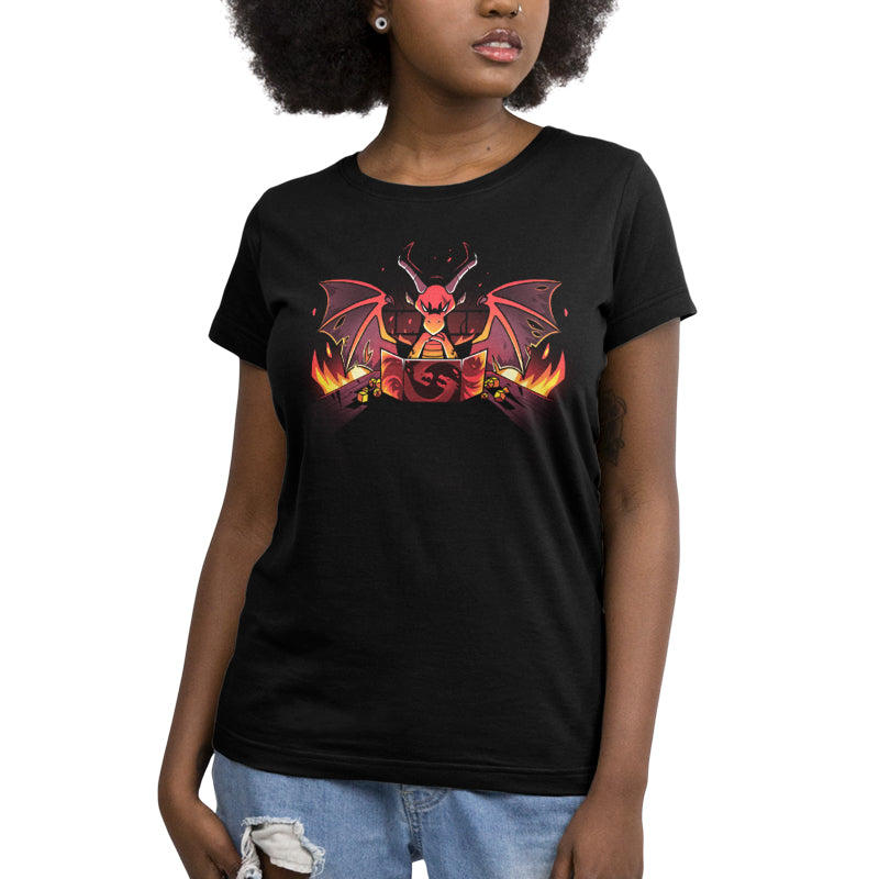 Premium Cotton T-shirt_TeeTurtle black Dragon Master. Featuring a sinister-looking dragon dungeon master with flames in the background.