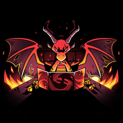 Premium Cotton T-shirt_TeeTurtle black Dragon Master. Featuring a sinister-looking dragon dungeon master with flames in the background.