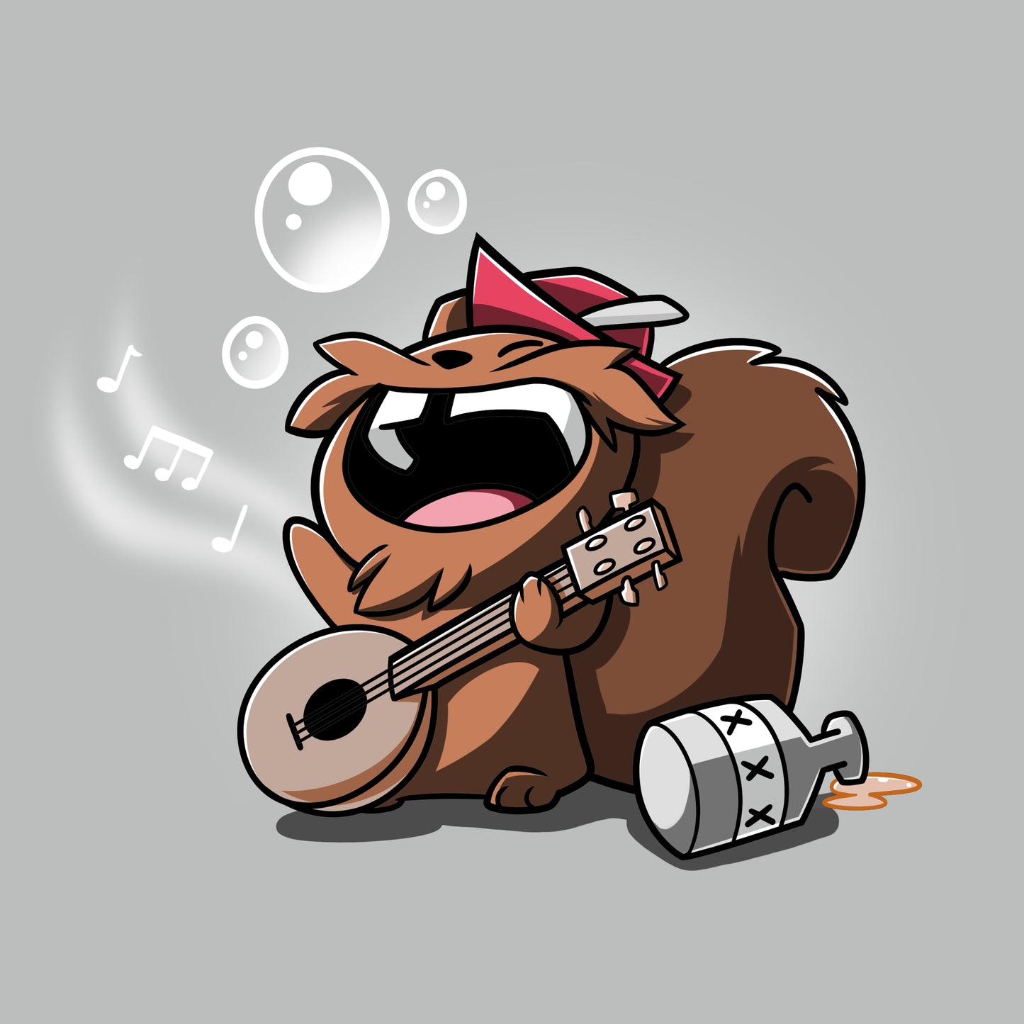 Premium Cotton T-shirt_Teeturtle Drunken Bard silver gray t-shirt featuring a squirrel wearing a red cap joyfully playing a banjo while singing. Musical notes and bubbles float around, and a moonshine jug is placed next to the squirrel.