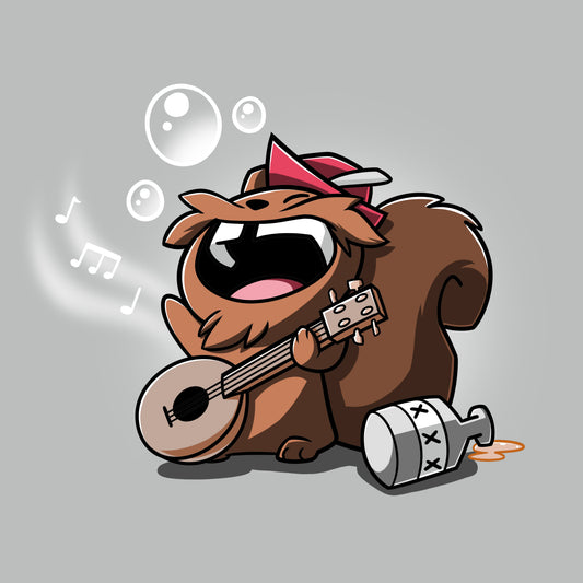 Premium Cotton T-shirt_Teeturtle Drunken Bard silver gray t-shirt featuring a squirrel wearing a red cap joyfully playing a banjo while singing. Musical notes and bubbles float around, and a moonshine jug is placed next to the squirrel.