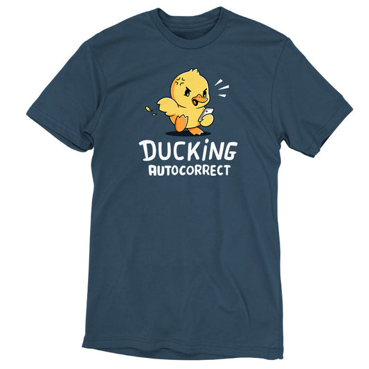 Premium Cotton T-shirt_TeeTurtle Ducking Autocorrect denim blue t-shirt featuring an angry duck yelling at their phone.