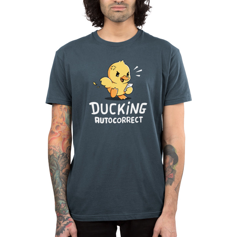 Premium Cotton T-shirt_TeeTurtle Ducking Autocorrect denim blue t-shirt featuring an angry duck yelling at their phone.