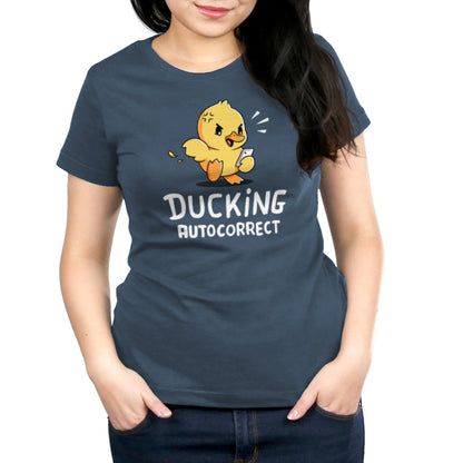 Premium Cotton T-shirt_TeeTurtle Ducking Autocorrect denim blue t-shirt featuring an angry duck yelling at their phone.