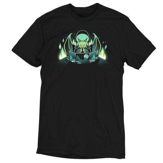 Premium Cotton T-shirt_TeeTurtle Dungeon Monster black t-shirt featuring a monster with green skin, tentacles, and wings sitting behind a gaming map with mountains and a moon, surrounded by glowing green flames.