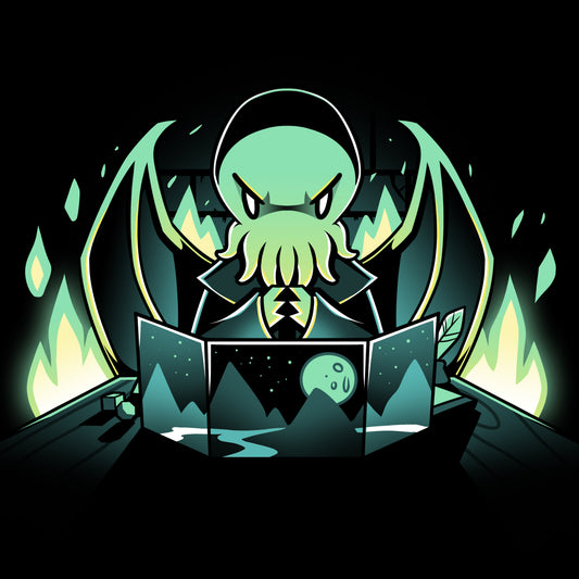 Premium Cotton T-shirt_TeeTurtle Dungeon Monster black t-shirt featuring a monster with green skin, tentacles, and wings sitting behind a gaming map with mountains and a moon, surrounded by glowing green flames.