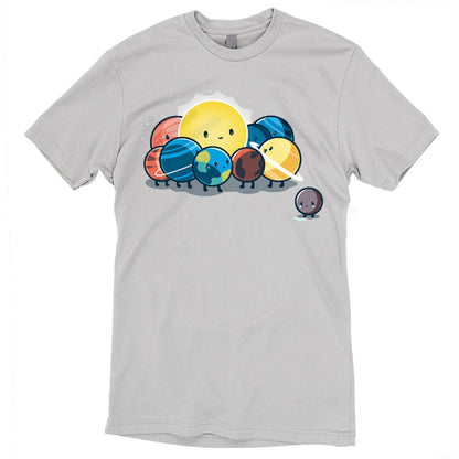 Premium Cotton T-shirt_TeeTurtle Dwarf Planet silver gray t-shirt featuring the planets of our solar system in space  huddled around the sun while Pluto is far away crying. 