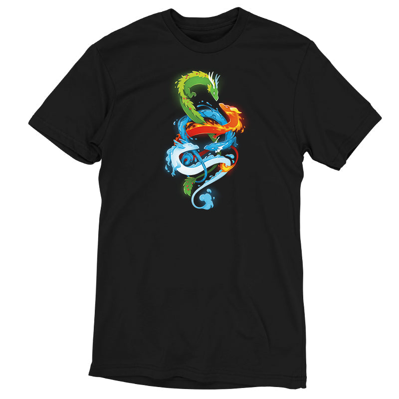 Premium Cotton T-shirt_TeeTurtle The Four Elements black t-shirt featuring four intertwined elemental dragons: green (earth), blue (water), red (fire), and white (air).