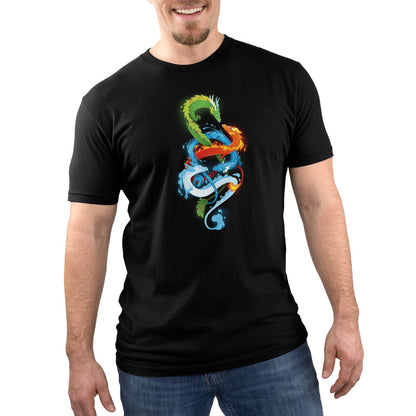 Premium Cotton T-shirt_TeeTurtle The Four Elements black t-shirt featuring four intertwined elemental dragons: green (earth), blue (water), red (fire), and white (air).