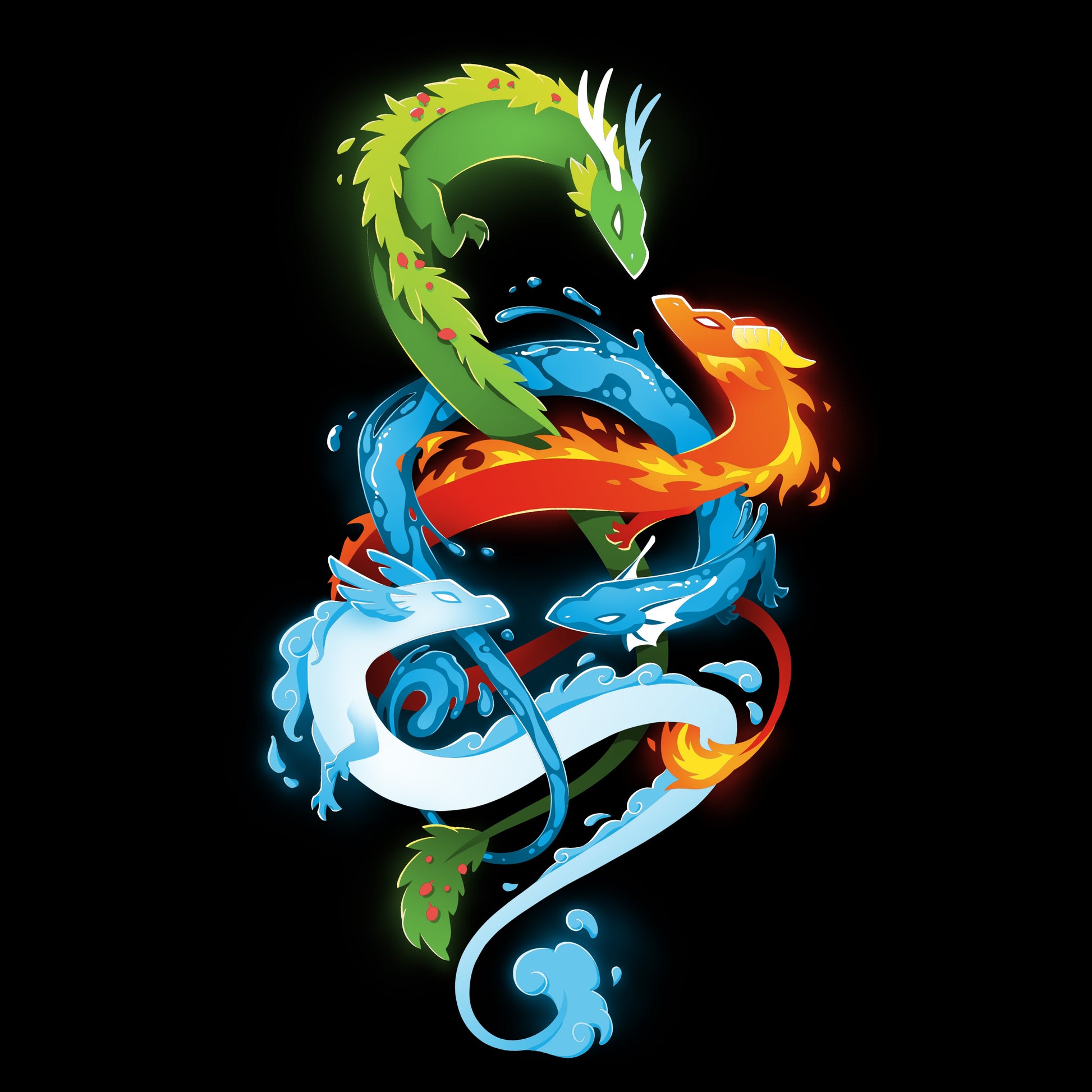 Premium Cotton T-shirt_TeeTurtle The Four Elements black t-shirt featuring four intertwined elemental dragons: green (earth), blue (water), red (fire), and white (air).