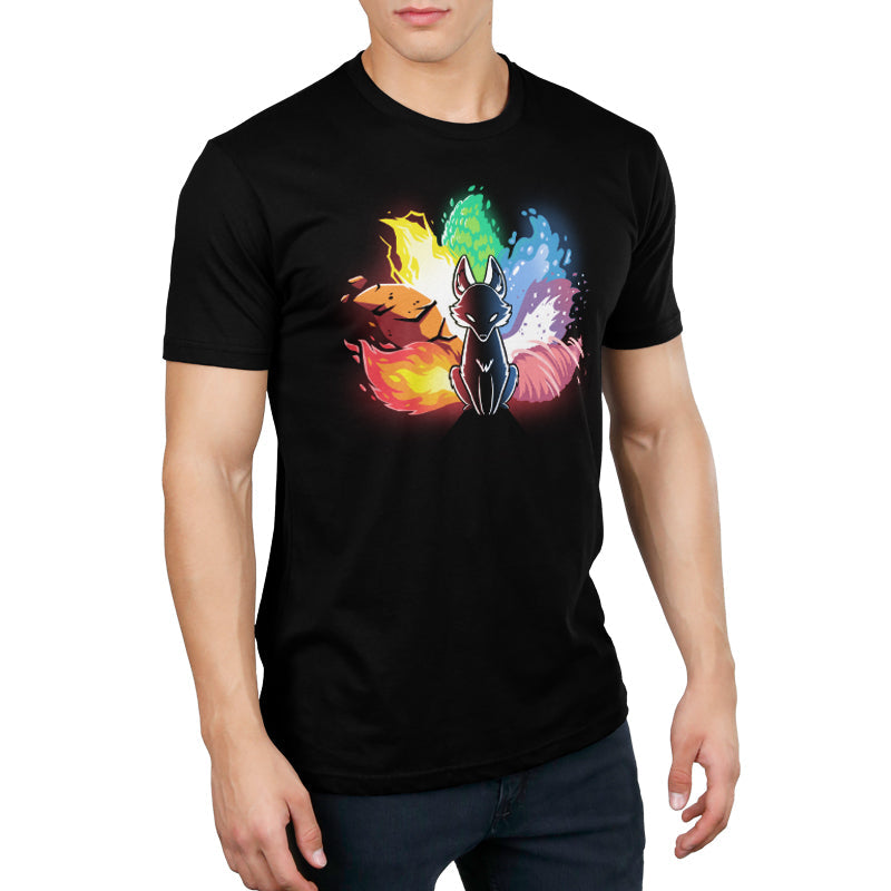 Premium Cotton T-shirt_Stylized image of an Elemental Kitsune with elements of fire, water, earth, and air surrounding it. The fox is in a sitting position with a black body and glowing eyes. This design graces our monsterdigital Elemental Kitsune, offering both comfort and style.