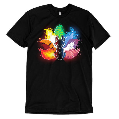 Premium Cotton T-shirt_Stylized image of an Elemental Kitsune with elements of fire, water, earth, and air surrounding it. The fox is in a sitting position with a black body and glowing eyes. This design graces our monsterdigital Elemental Kitsune, offering both comfort and style.