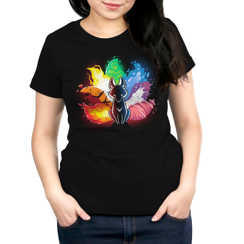 Premium Cotton T-shirt_Stylized image of an Elemental Kitsune with elements of fire, water, earth, and air surrounding it. The fox is in a sitting position with a black body and glowing eyes. This design graces our monsterdigital Elemental Kitsune, offering both comfort and style.