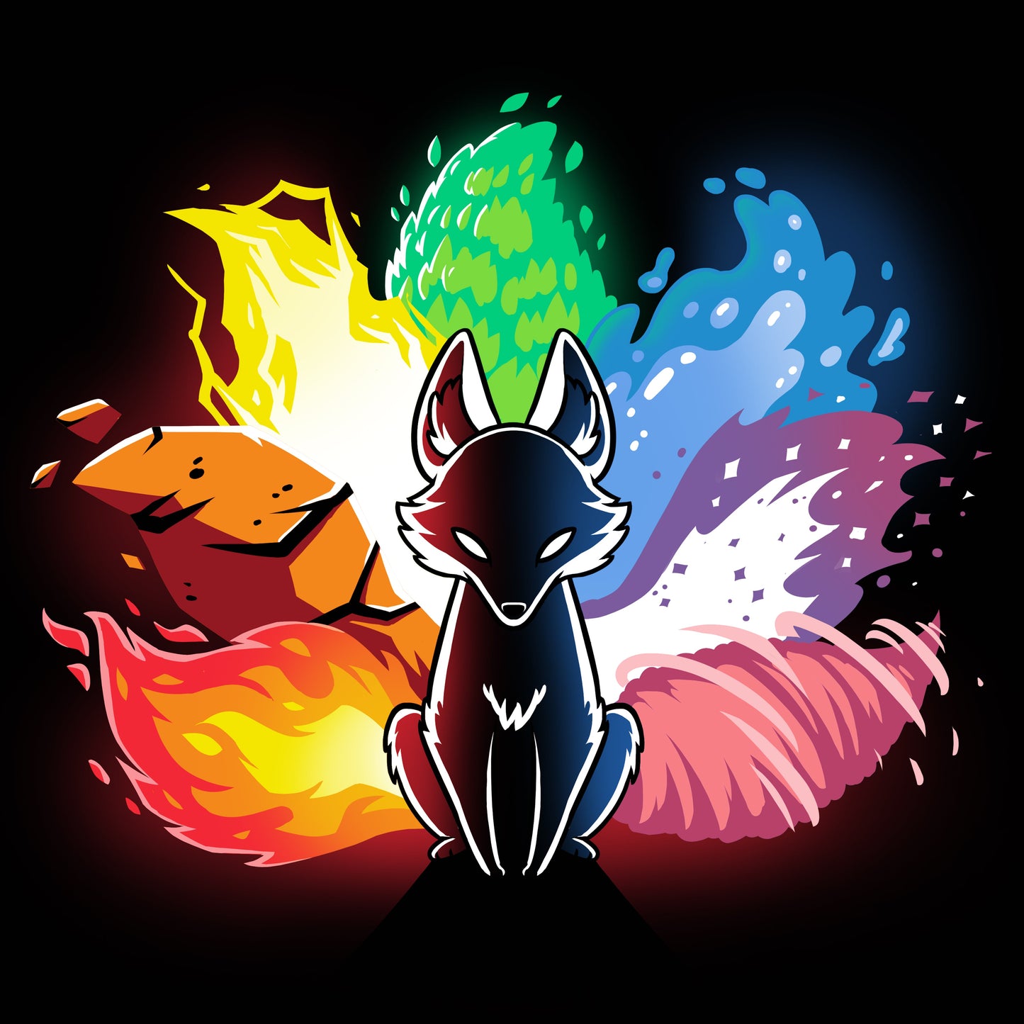 Premium Cotton T-shirt_Stylized image of an Elemental Kitsune with elements of fire, water, earth, and air surrounding it. The fox is in a sitting position with a black body and glowing eyes. This design graces our monsterdigital Elemental Kitsune, offering both comfort and style.