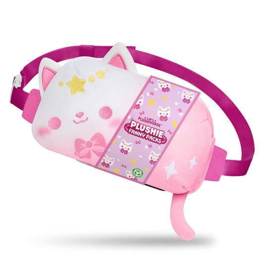 Introducing the Plushiverse Just Like Meowgic Plushie Fanny Pack from TeeTurtle - a cat-shaped accessory with stars on its face, predominantly pink and white, and featuring a cute bow tie. Enjoy hands-free functionality with its purple adjustable strap.